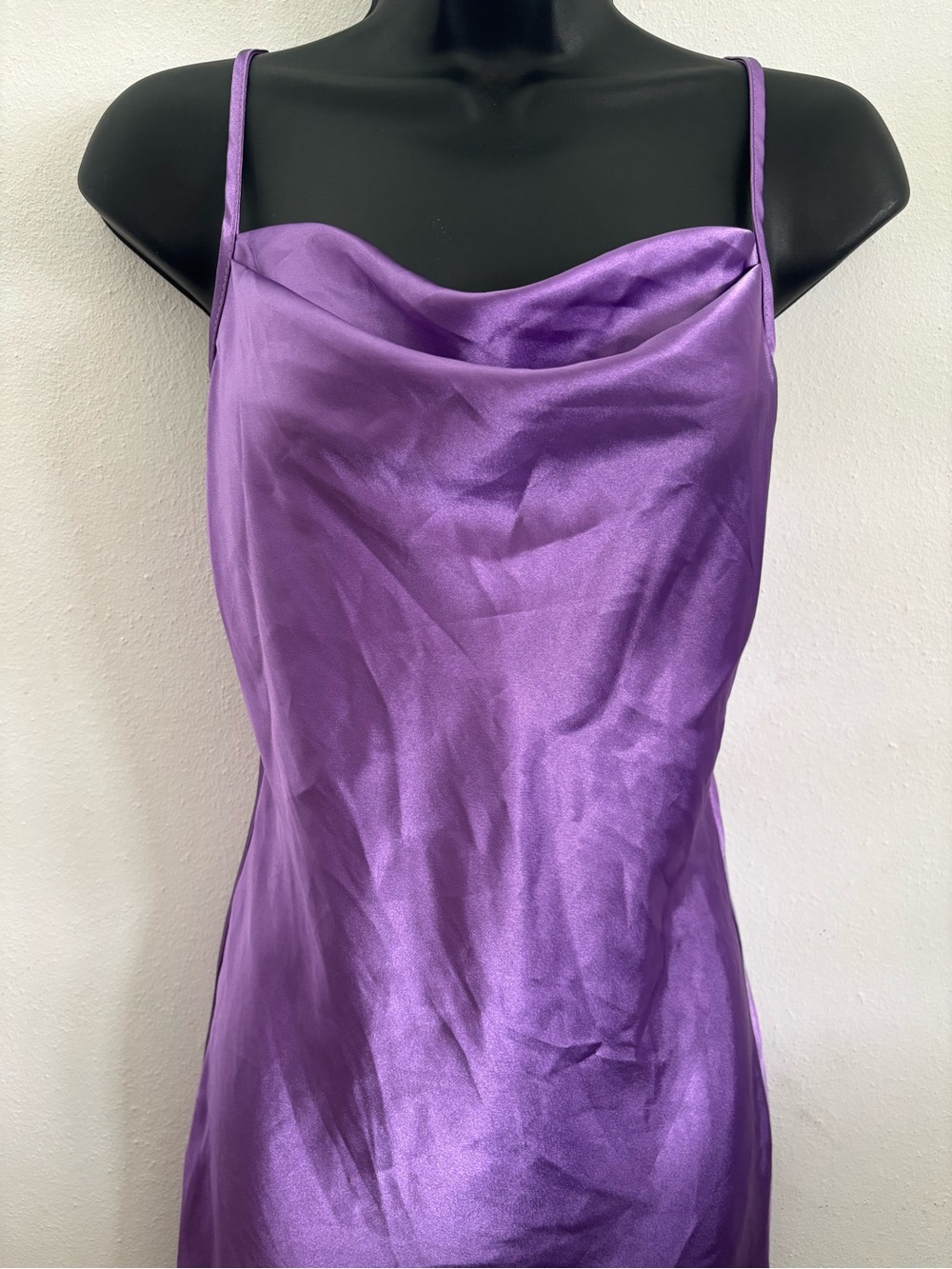 bebe Purple Satin Cowl Slip Dress